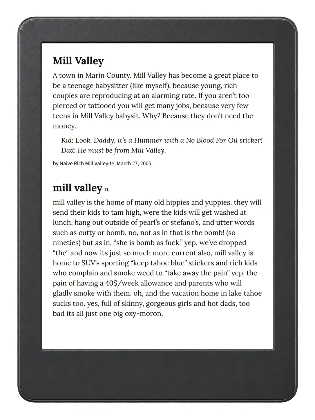 Selected passage from Urban Dictionary of the San Francisco Bay Area on an illustrative e-reader (device not included)