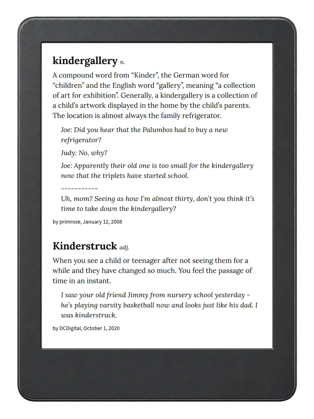 Selected passage from Urban Dictionary of Family on an illustrative e-reader (device not included)