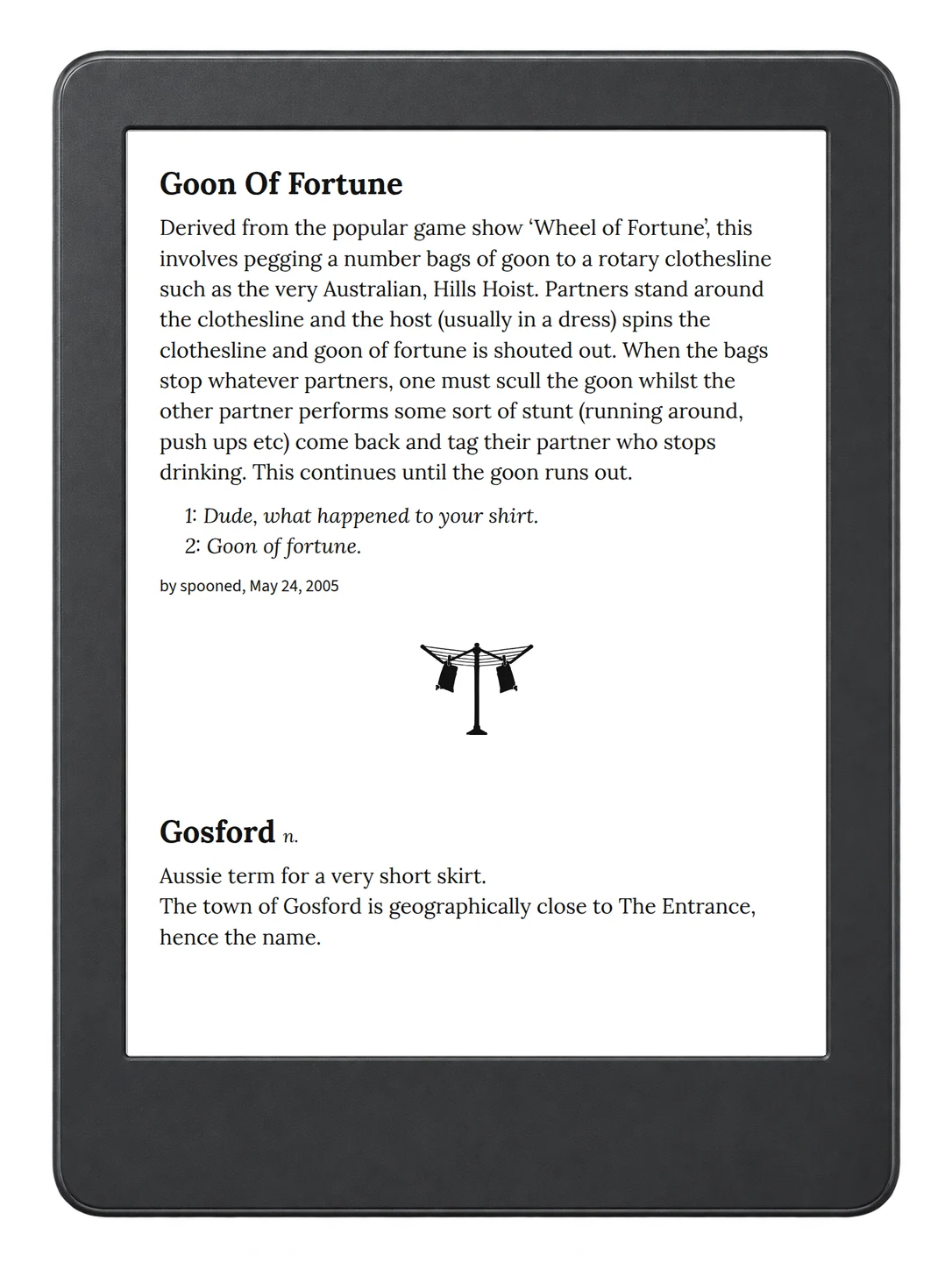 Selected passage from Urban Dictionary of Australia on an illustrative e-reader (device not included)
