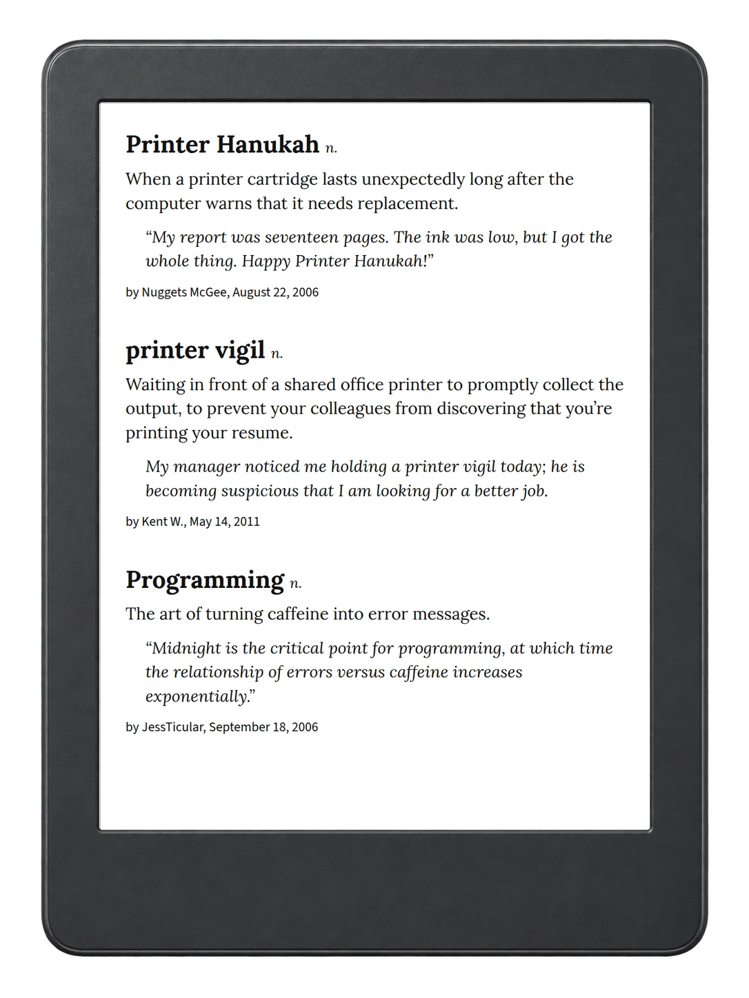 Selected passage from Urban Dictionary of Technology on an illustrative e-reader (device not included)