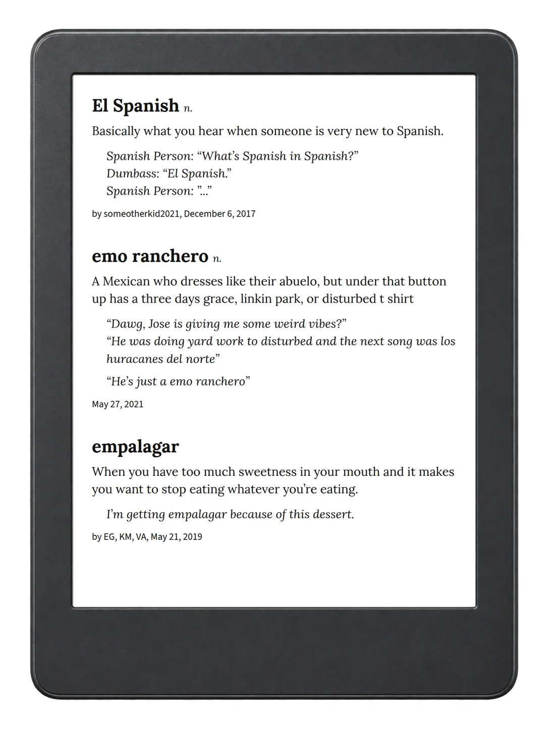 Selected passage from Urban Dictionary of Spanglish on an illustrative e-reader (device not included)