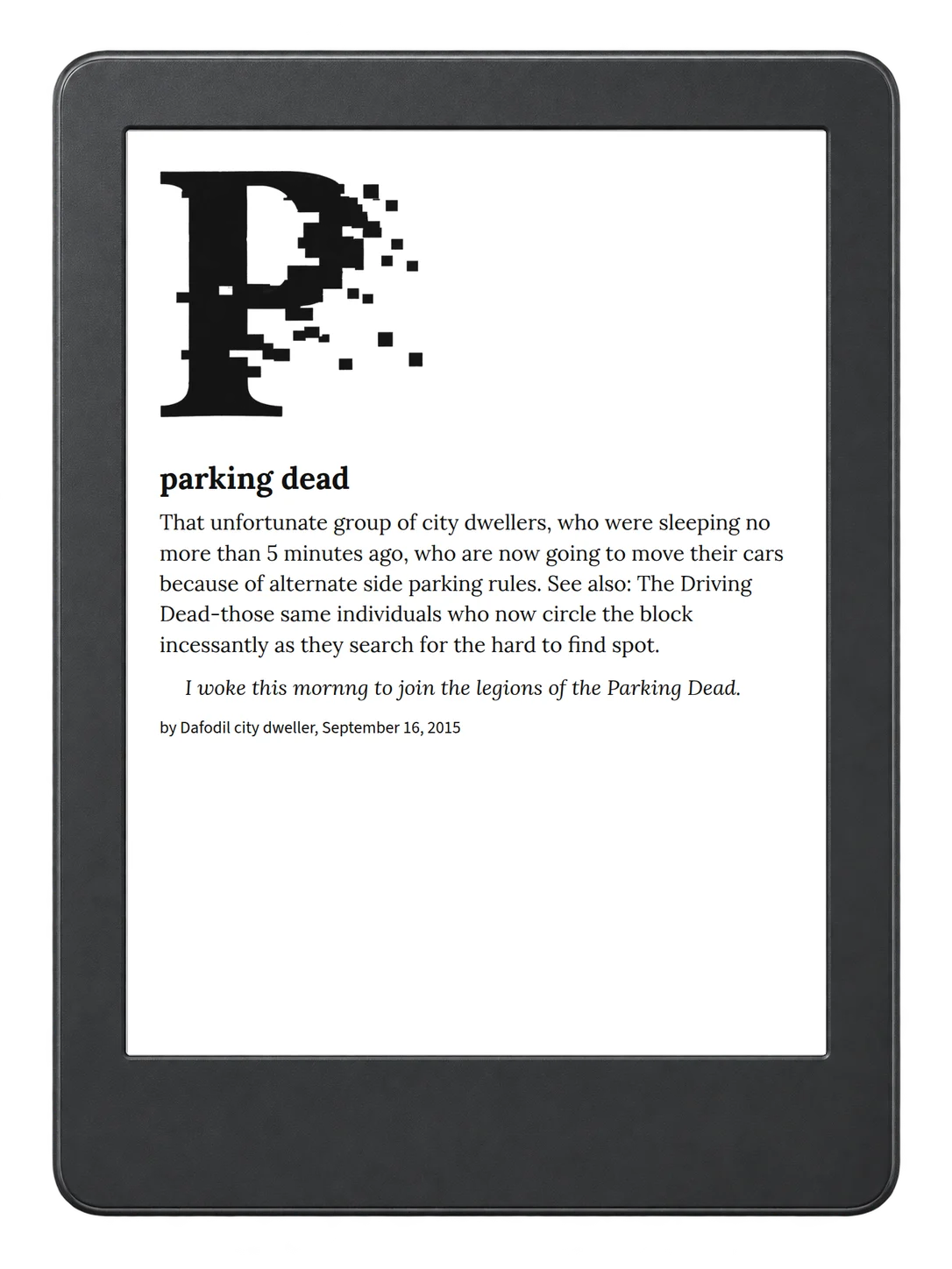 Selected passage from Urban Dictionary of New York on an illustrative e-reader (device not included)