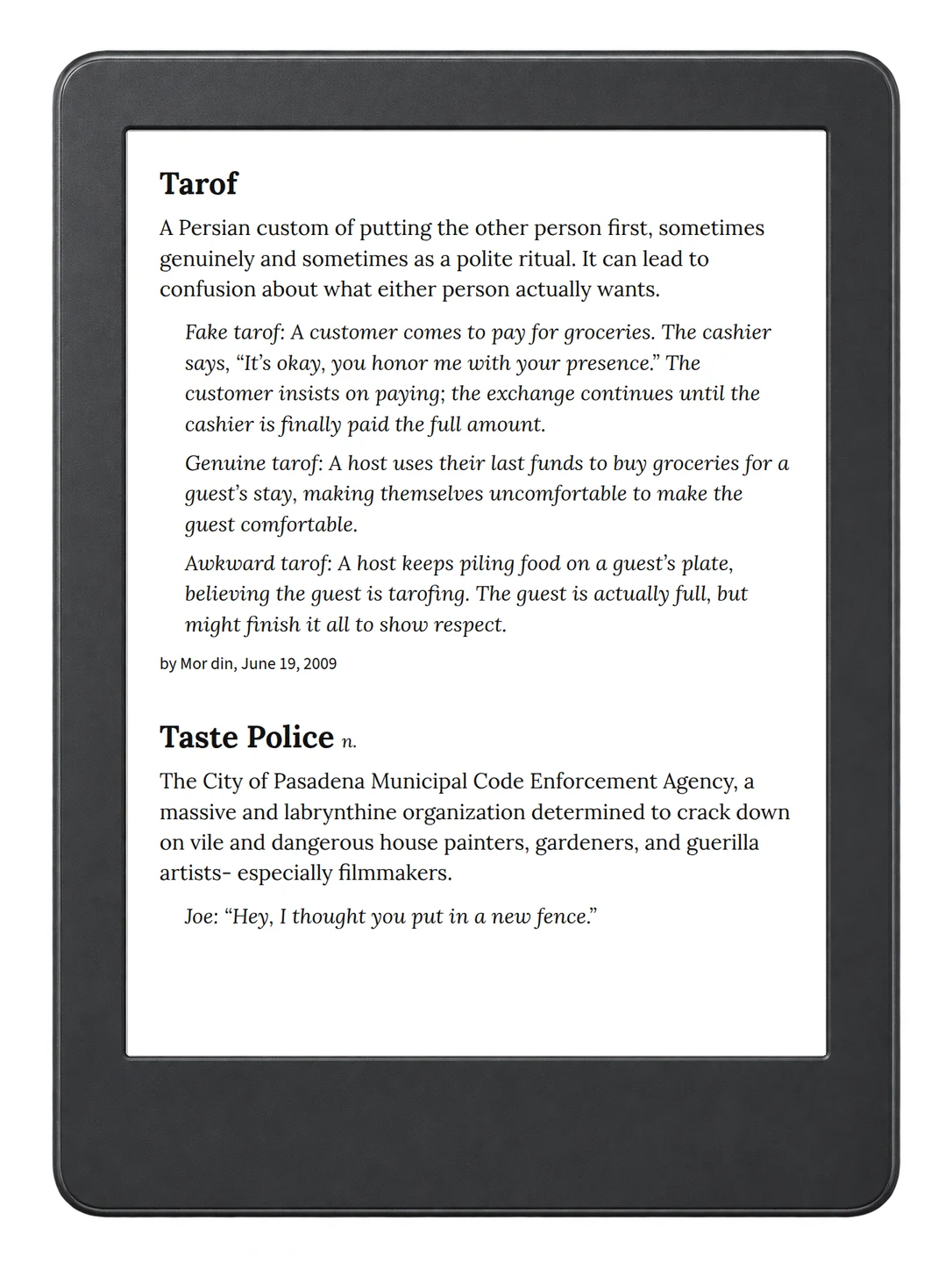 Selected passage from Urban Dictionary of Los Angeles on an illustrative e-reader (device not included)
