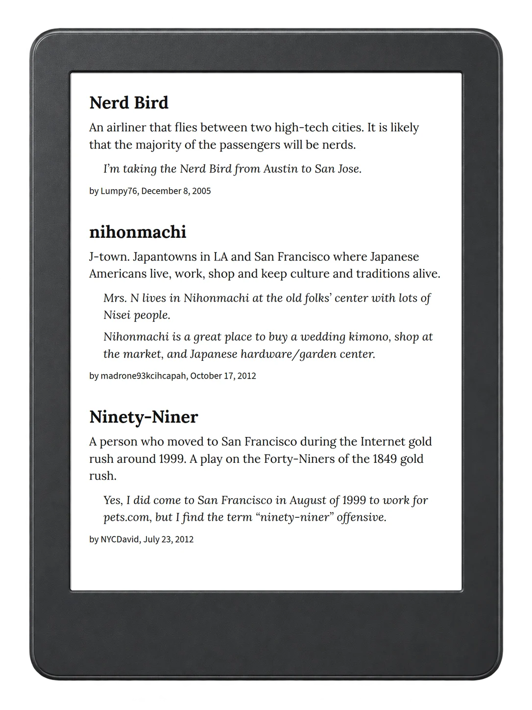 Selected passage from Urban Dictionary of the San Francisco Bay Area on an illustrative e-reader (device not included)