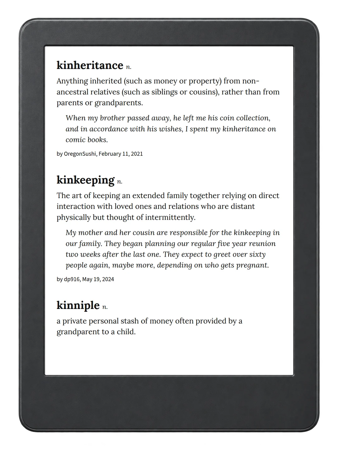 Selected passage from Urban Dictionary of Family on an illustrative e-reader (device not included)