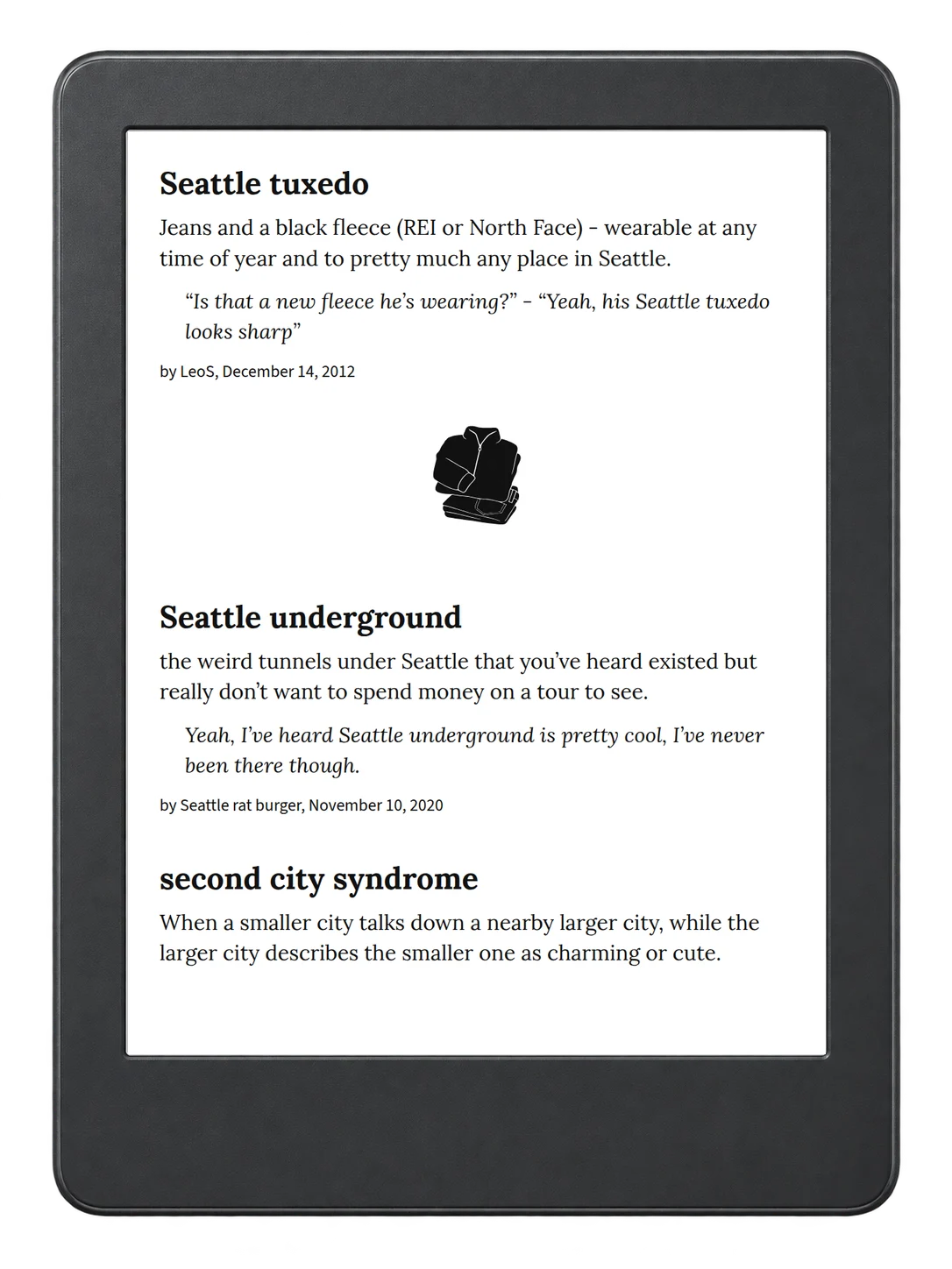 Selected passage from Urban Dictionary of the Pacific Northwest on an illustrative e-reader (device not included)