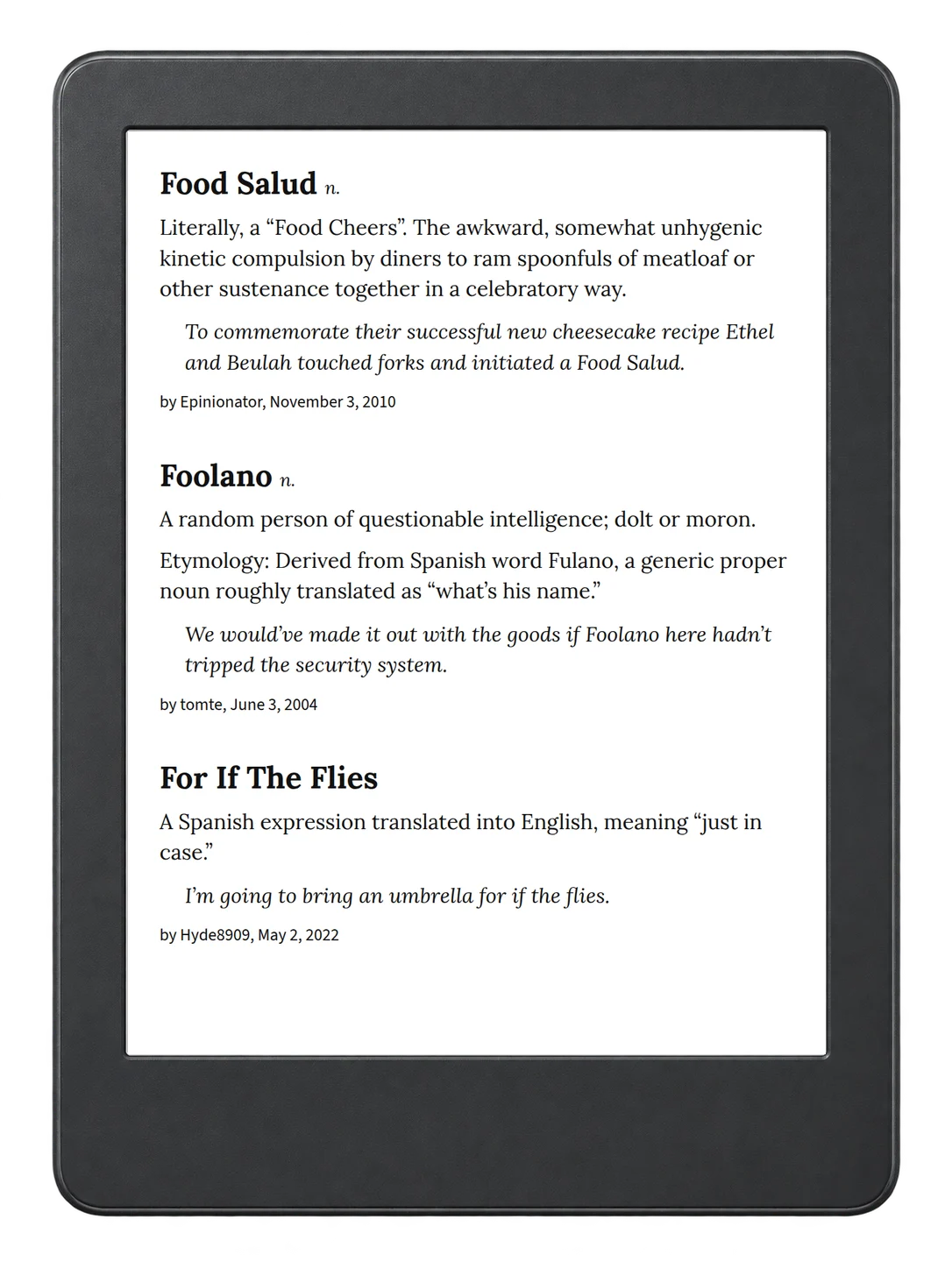 Selected passage from Urban Dictionary of Spanglish on an illustrative e-reader (device not included)