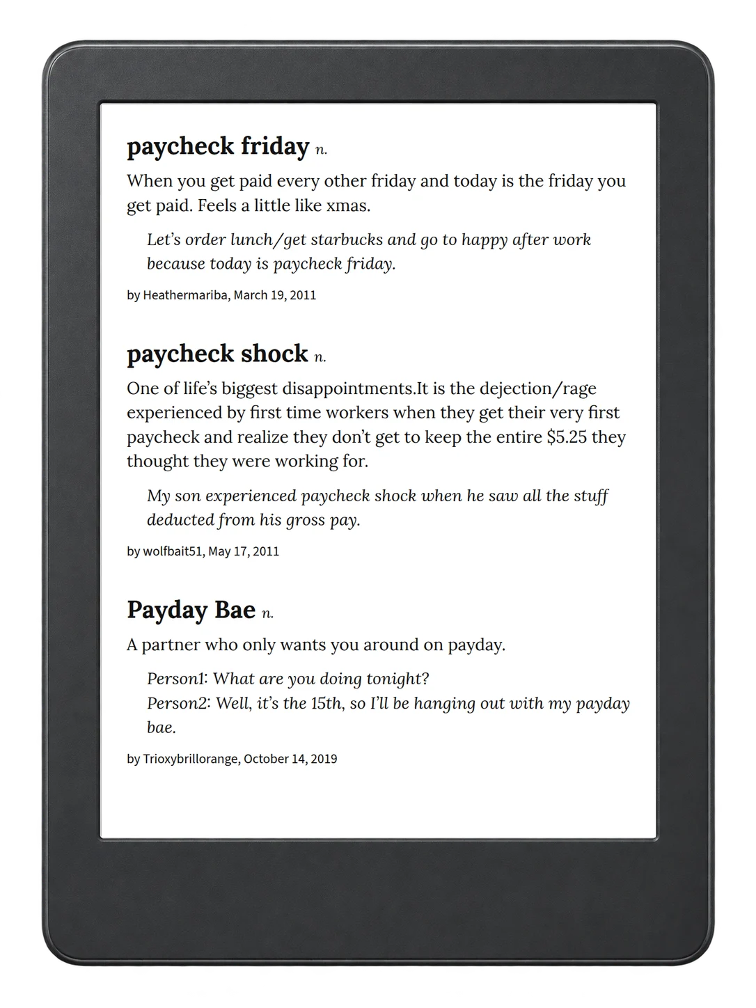 Selected passage from Urban Dictionary of Money on an illustrative e-reader (device not included)