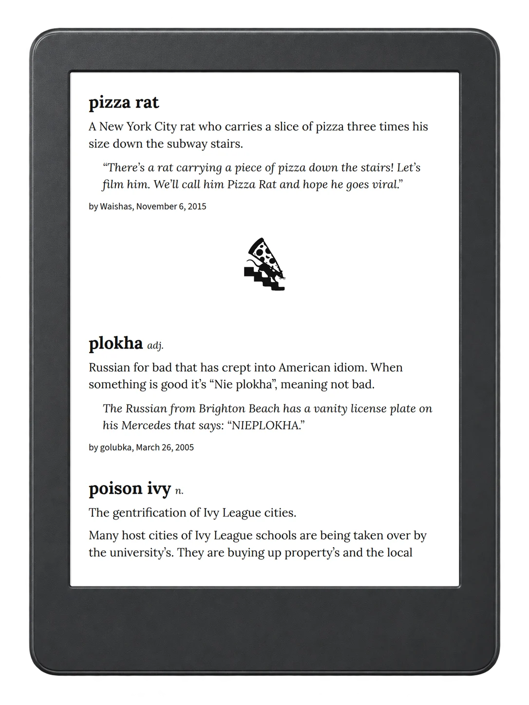 Selected passage from Urban Dictionary of New York on an illustrative e-reader (device not included)