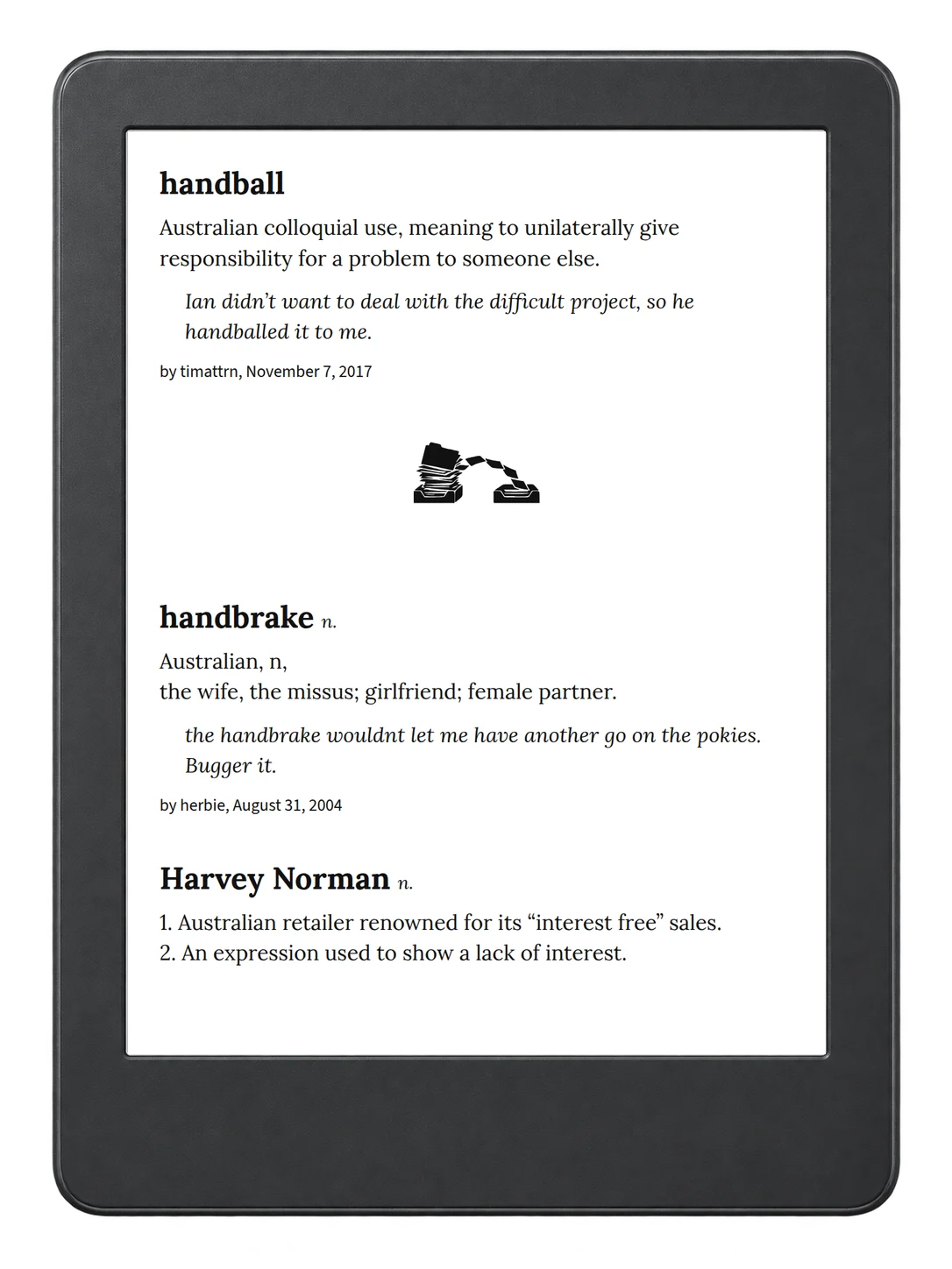 Selected passage from Urban Dictionary of Australia on an illustrative e-reader (device not included)