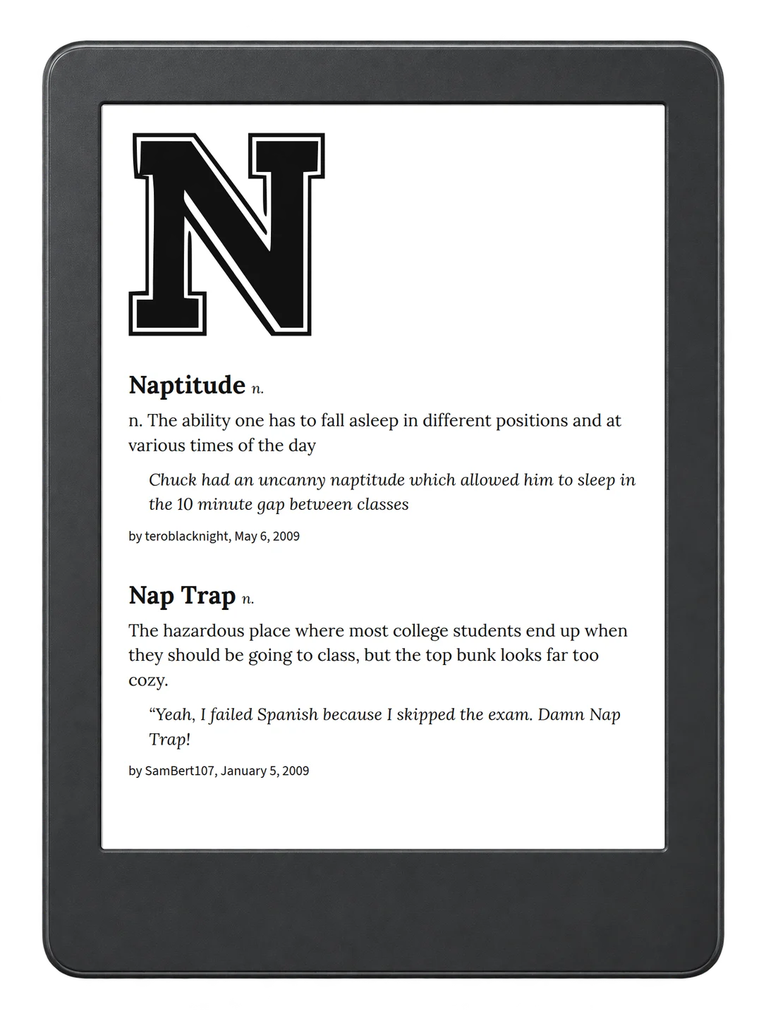 Selected passage from Urban Dictionary of College on an illustrative e-reader (device not included)