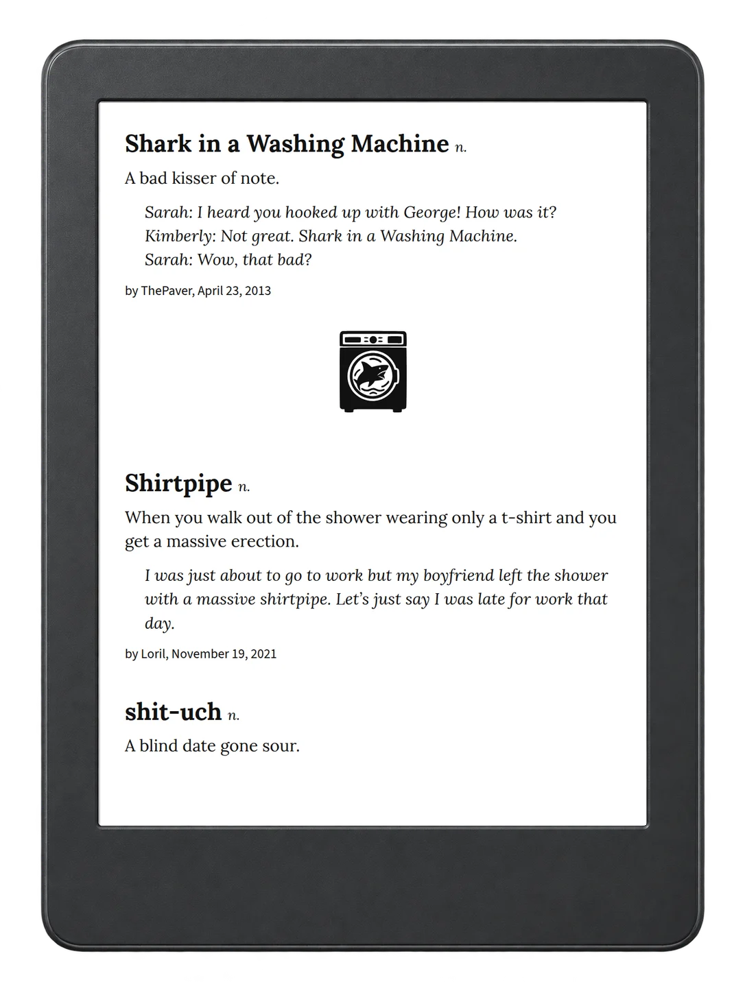 Selected passage from Urban Dictionary of Sex on an illustrative e-reader (device not included)