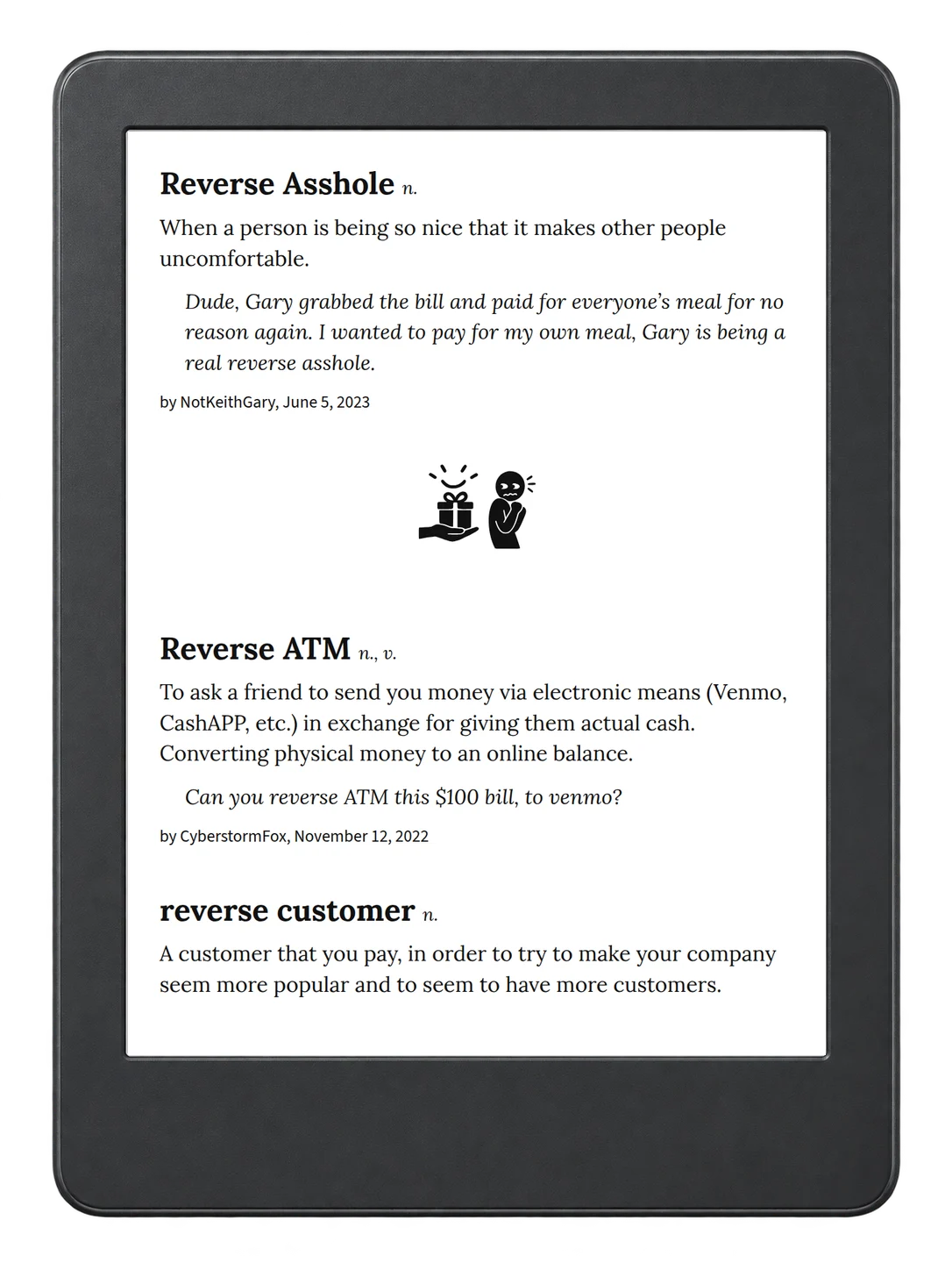 Selected passage from Urban Dictionary of Money on an illustrative e-reader (device not included)