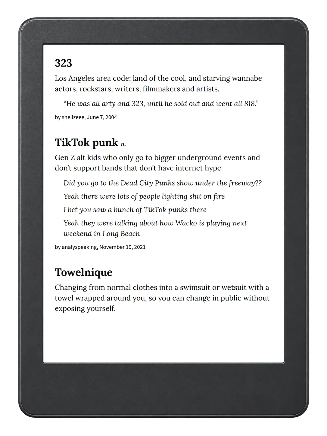 Selected passage from Urban Dictionary of Los Angeles on an illustrative e-reader (device not included)