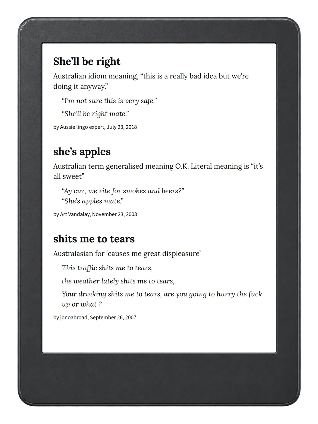 Selected passage from Urban Dictionary of Australia on an illustrative e-reader (device not included)
