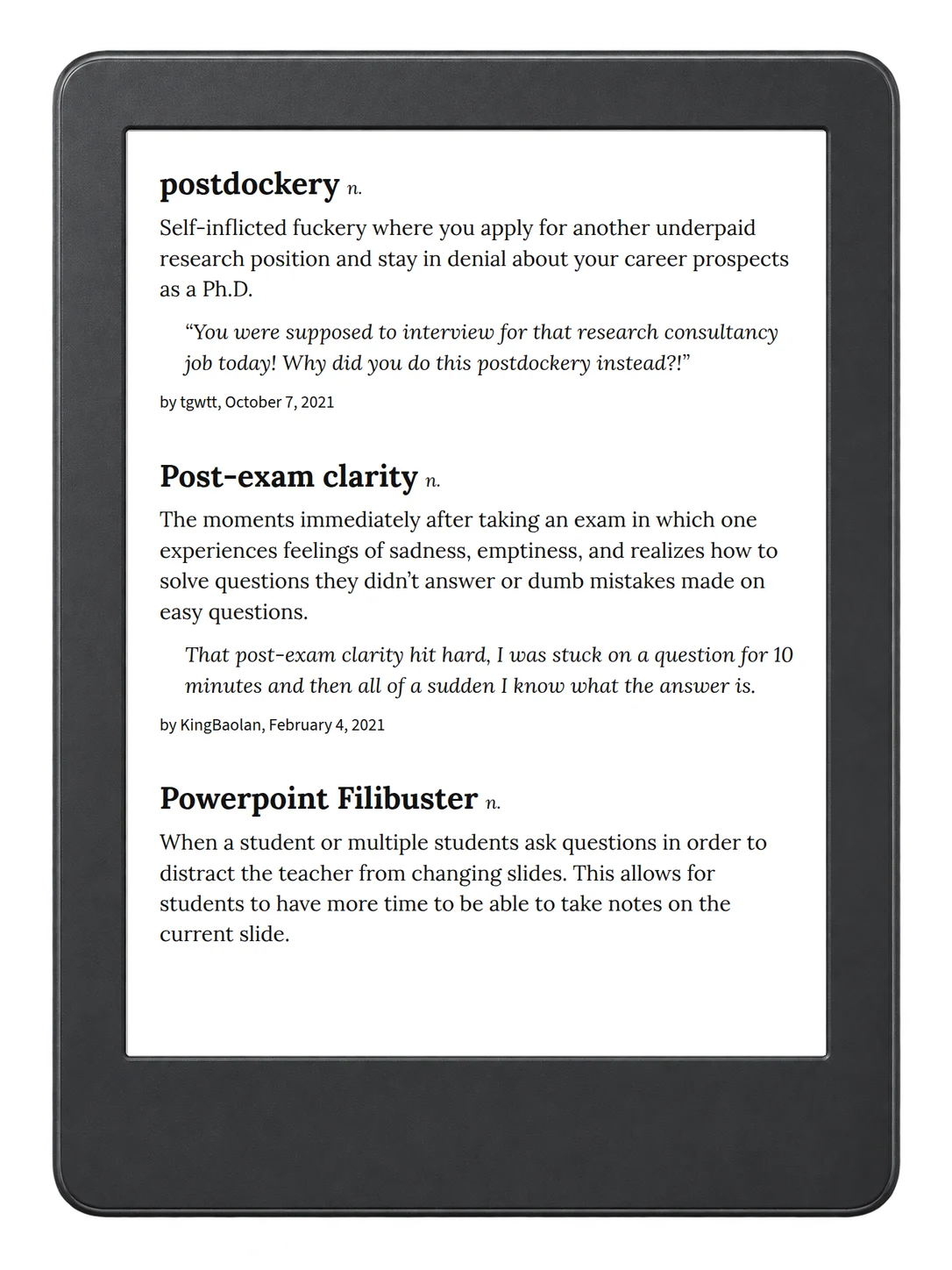 Selected passage from Urban Dictionary of College on an illustrative e-reader (device not included)