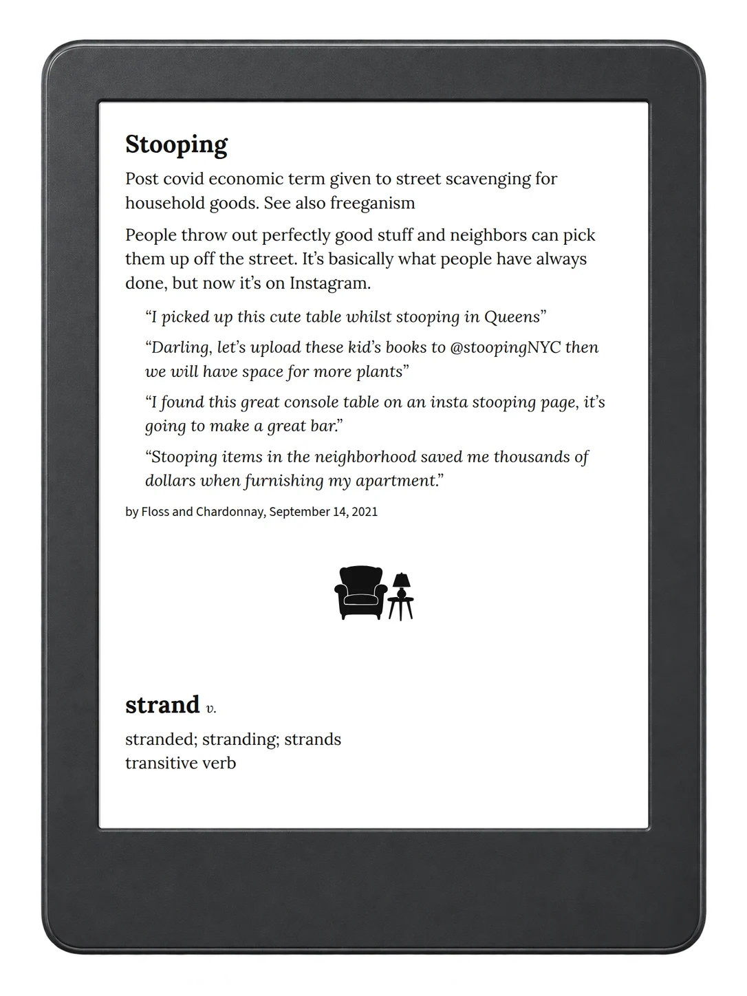 Selected passage from Urban Dictionary of New York on an illustrative e-reader (device not included)