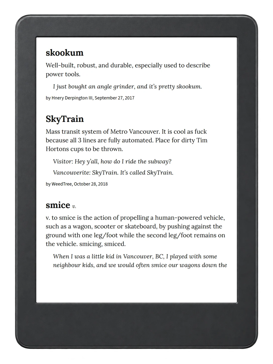 Selected passage from Urban Dictionary of the Pacific Northwest on an illustrative e-reader (device not included)
