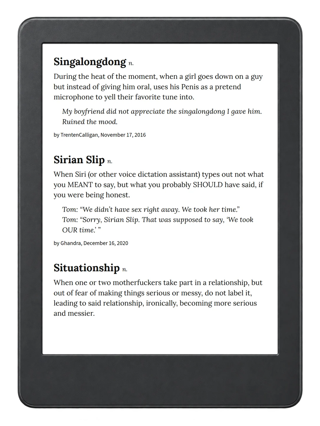 Selected passage from Urban Dictionary of Sex on an illustrative e-reader (device not included)