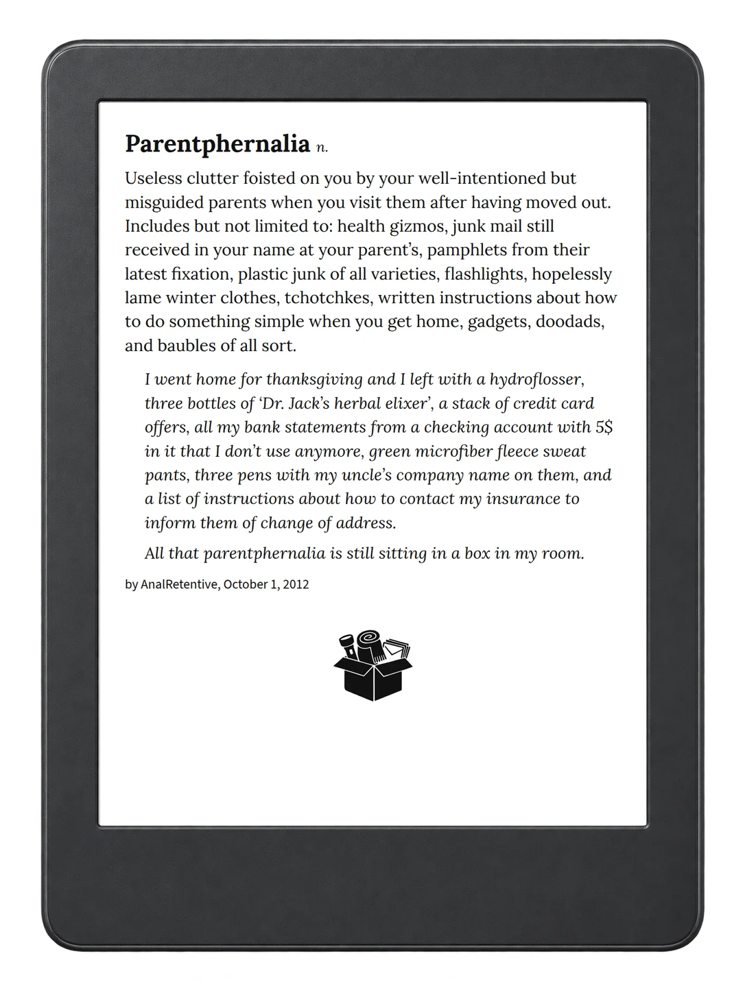 Selected passage from Urban Dictionary of Family on an illustrative e-reader (device not included)