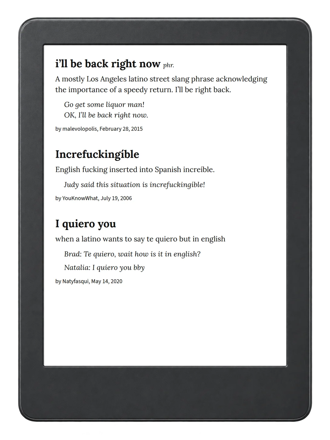Selected passage from Urban Dictionary of Spanglish on an illustrative e-reader (device not included)