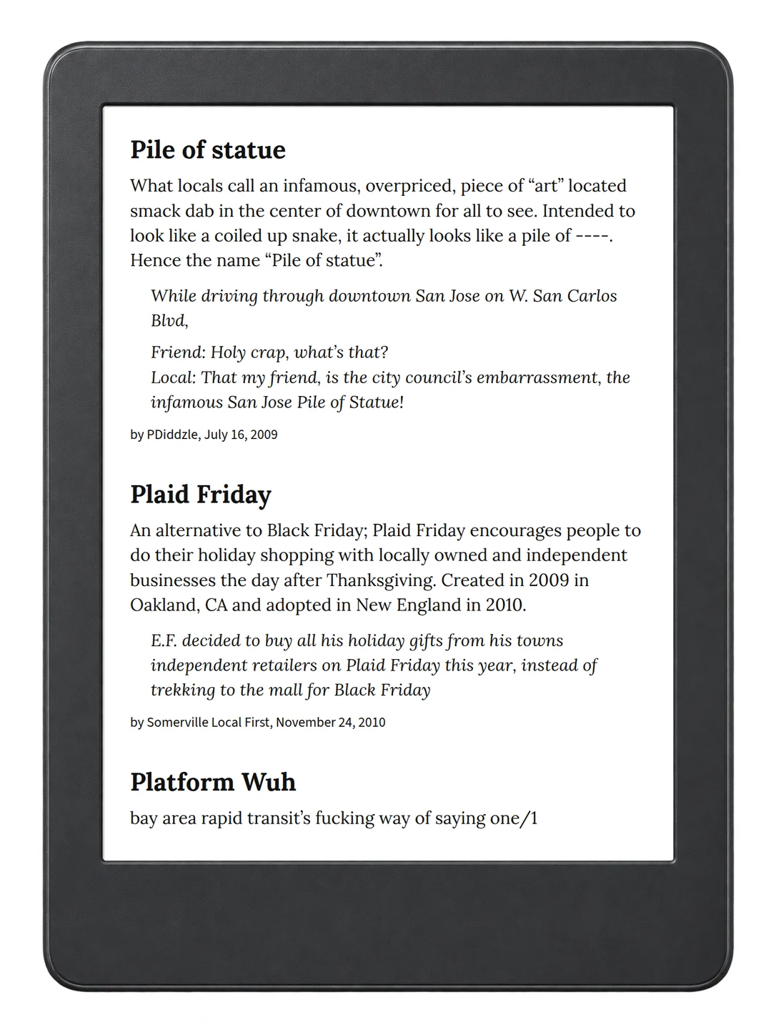 Selected passage from Urban Dictionary of the San Francisco Bay Area on an illustrative e-reader (device not included)