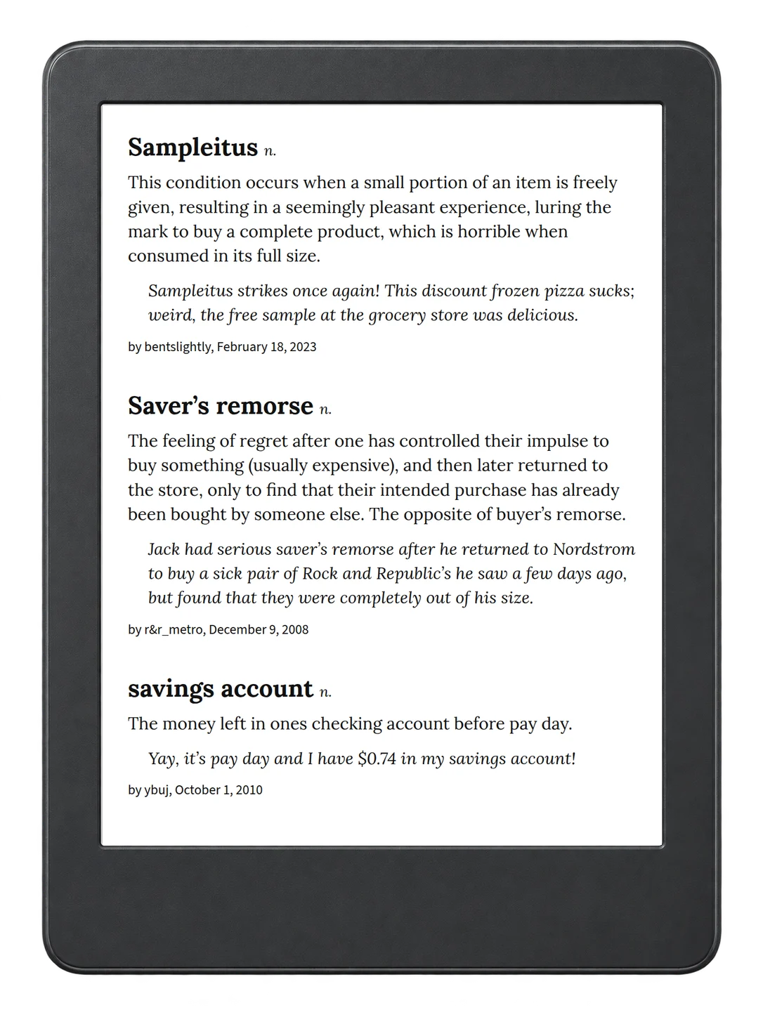 Selected passage from Urban Dictionary of Money on an illustrative e-reader (device not included)