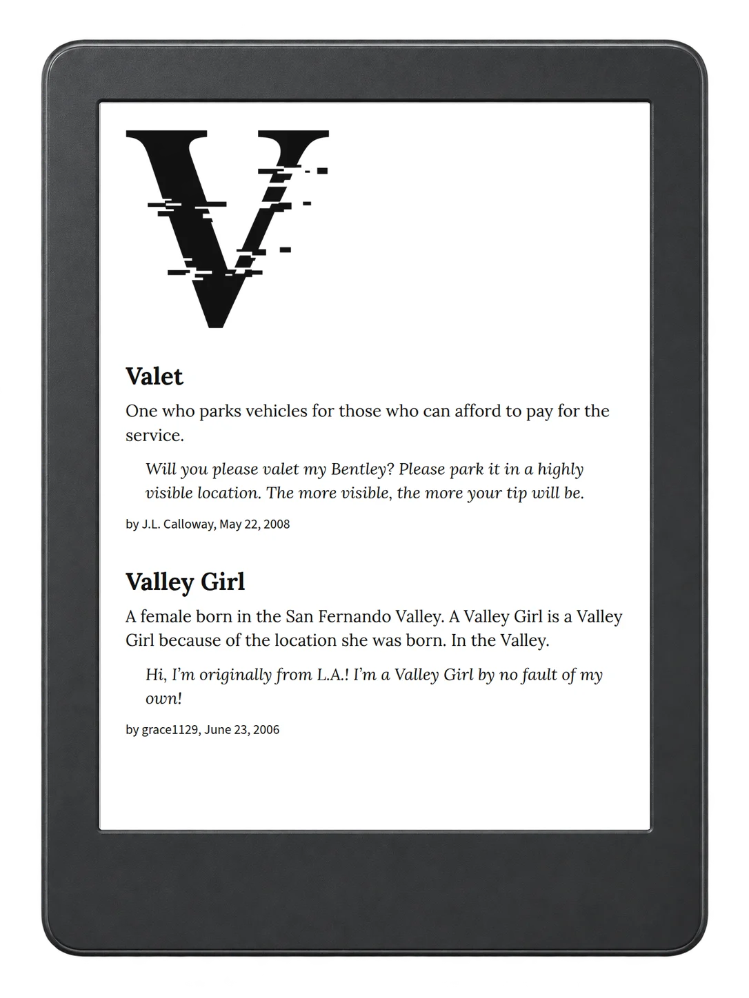 Selected passage from Urban Dictionary of Los Angeles on an illustrative e-reader (device not included)