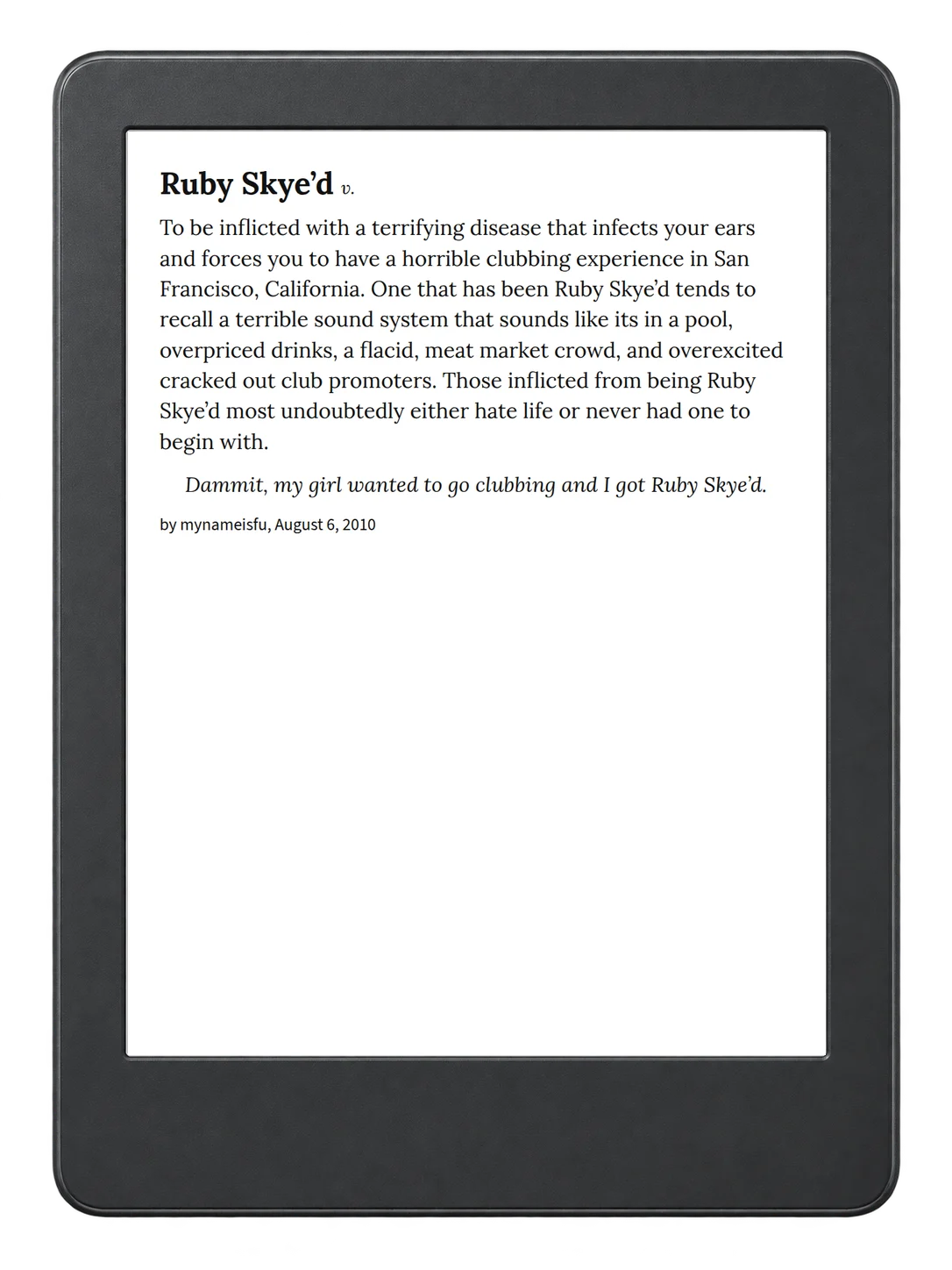 Selected passage from Urban Dictionary of the San Francisco Bay Area on an illustrative e-reader (device not included)