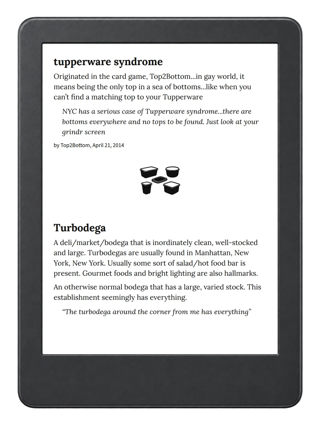 Selected passage from Urban Dictionary of New York on an illustrative e-reader (device not included)
