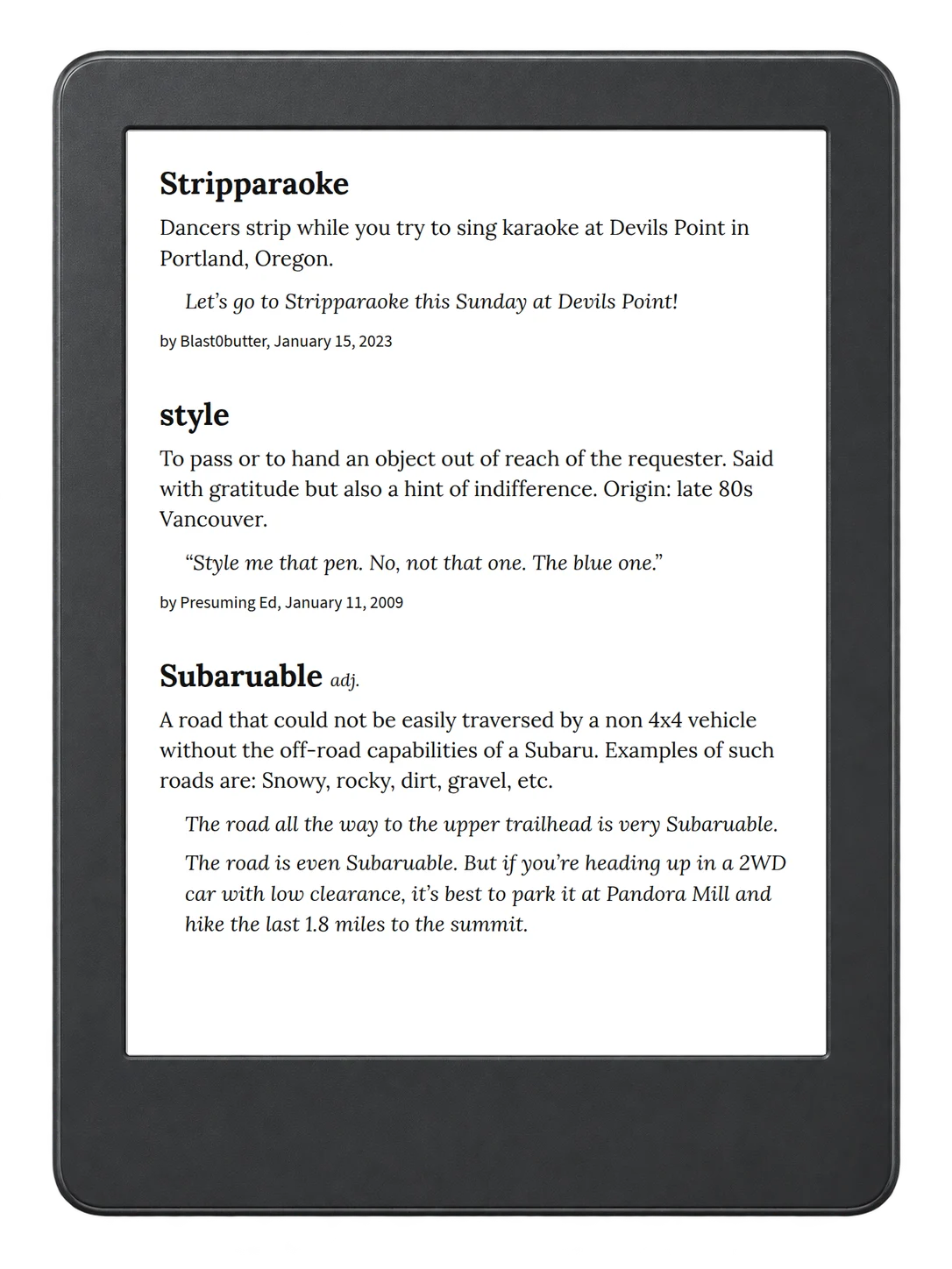 Selected passage from Urban Dictionary of the Pacific Northwest on an illustrative e-reader (device not included)