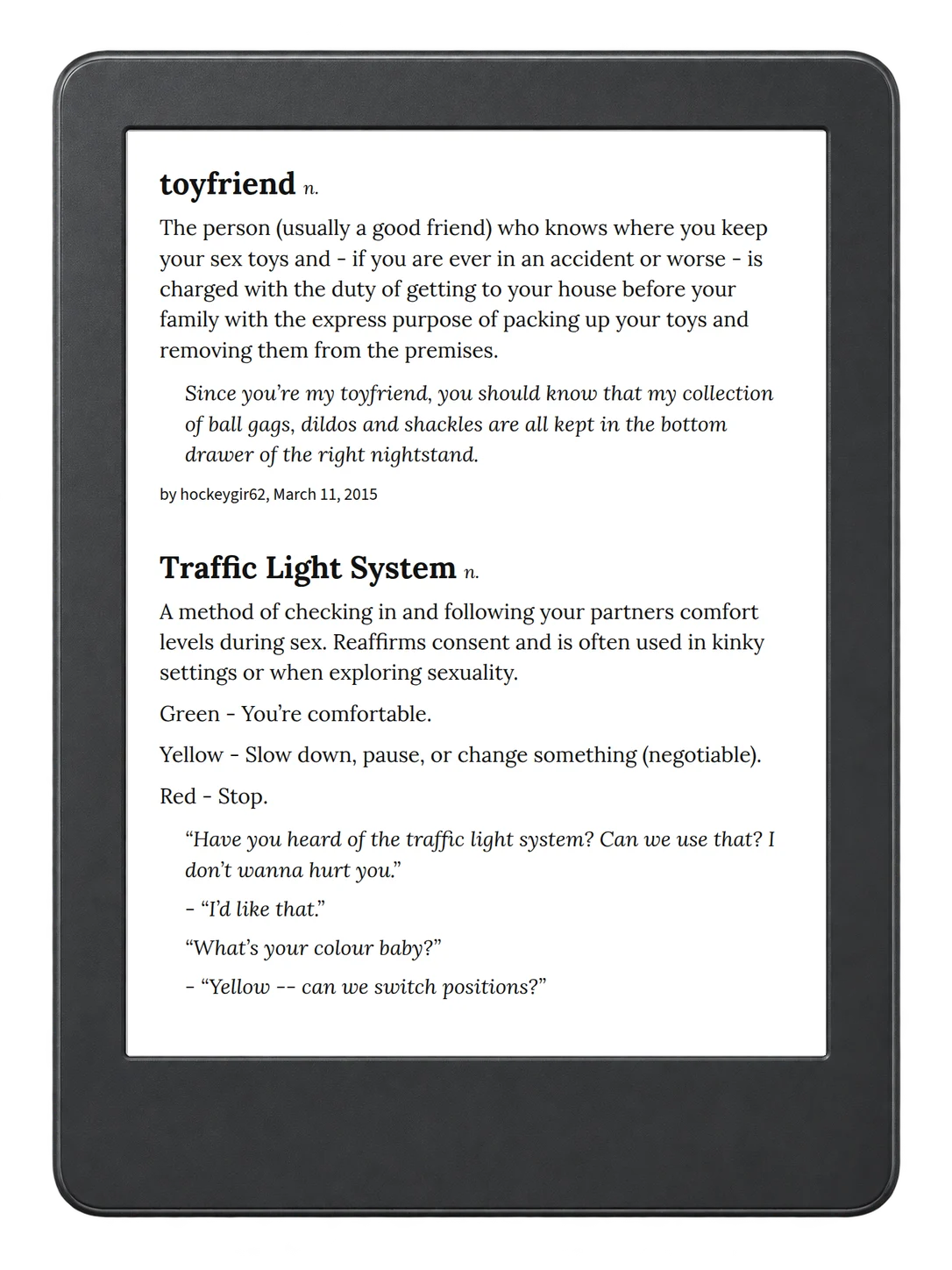 Selected passage from Urban Dictionary of Sex on an illustrative e-reader (device not included)