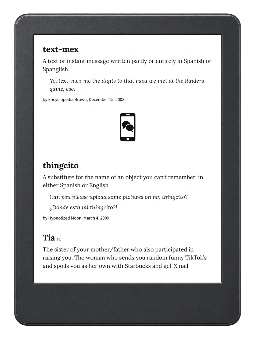 Selected passage from Urban Dictionary of Spanglish on an illustrative e-reader (device not included)