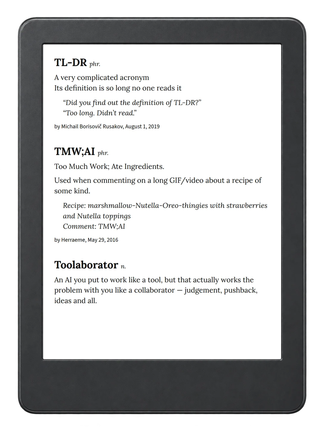 Selected passage from Urban Dictionary of Technology on an illustrative e-reader (device not included)