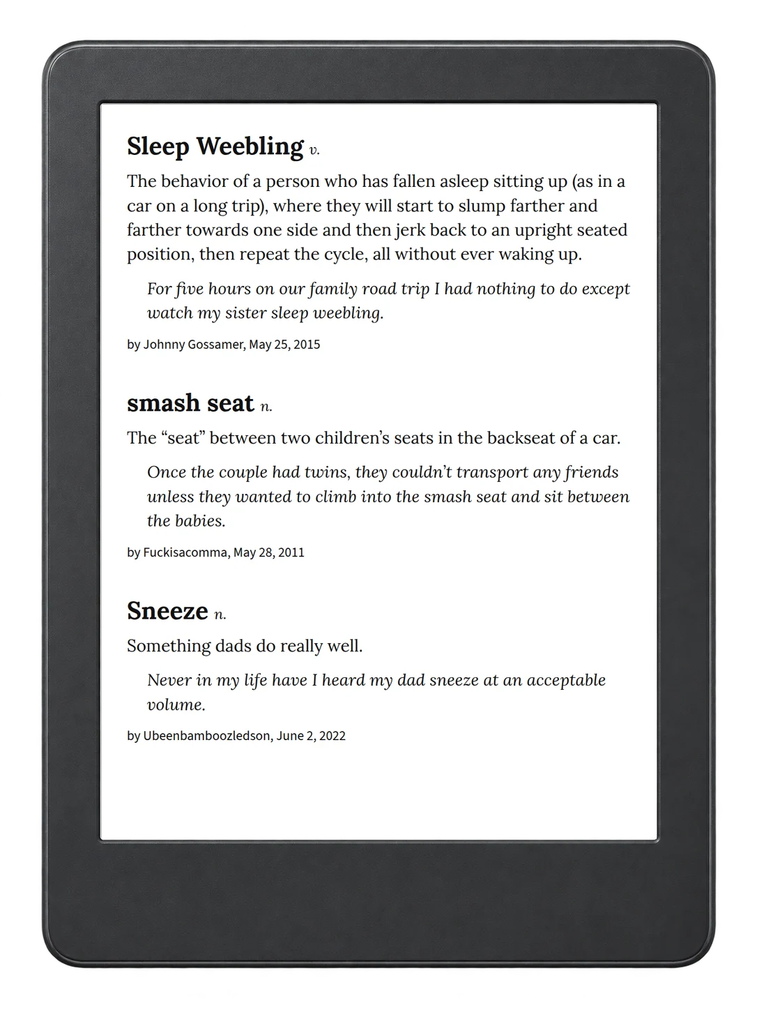 Selected passage from Urban Dictionary of Family on an illustrative e-reader (device not included)