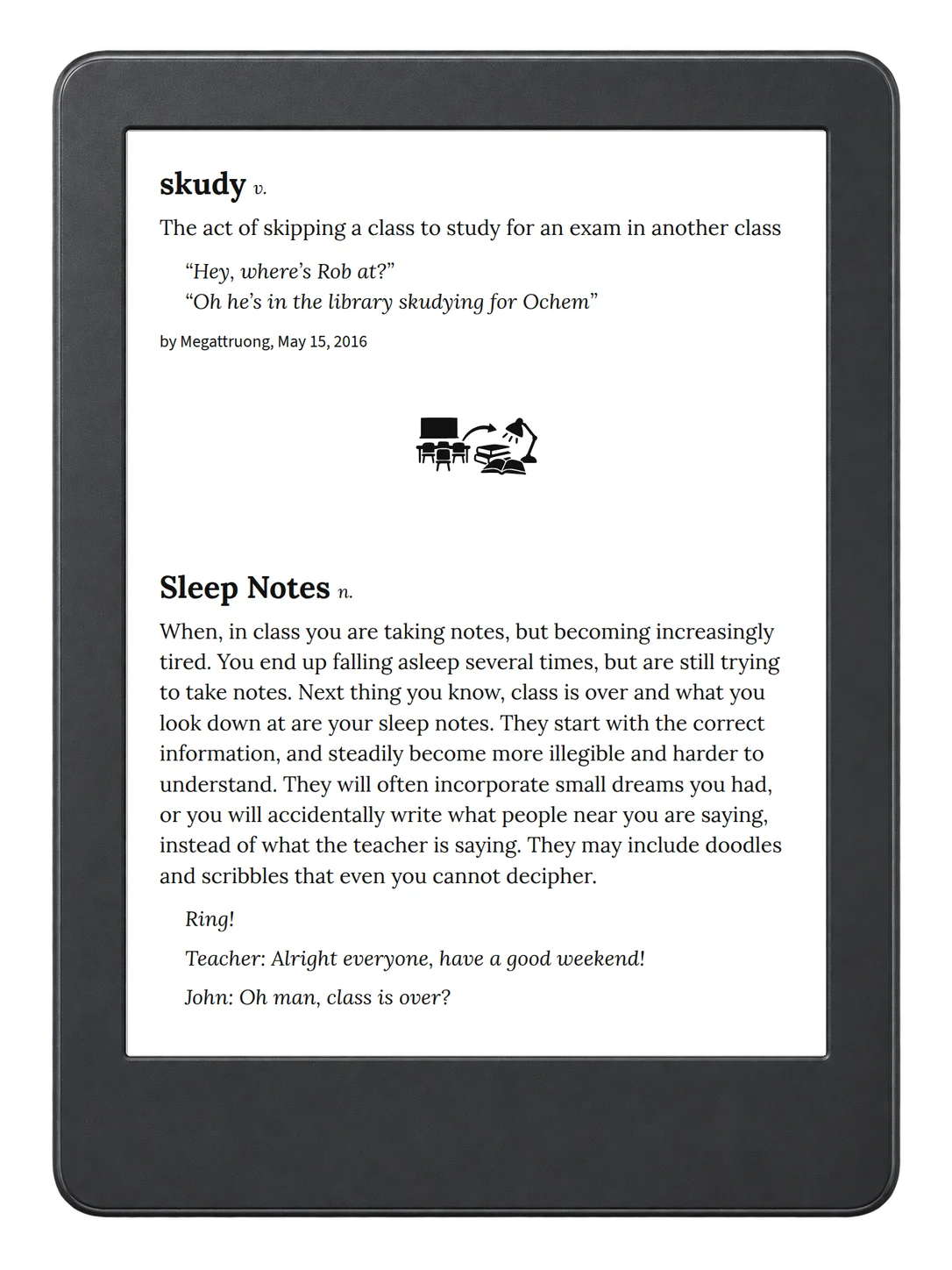 Selected passage from Urban Dictionary of College on an illustrative e-reader (device not included)