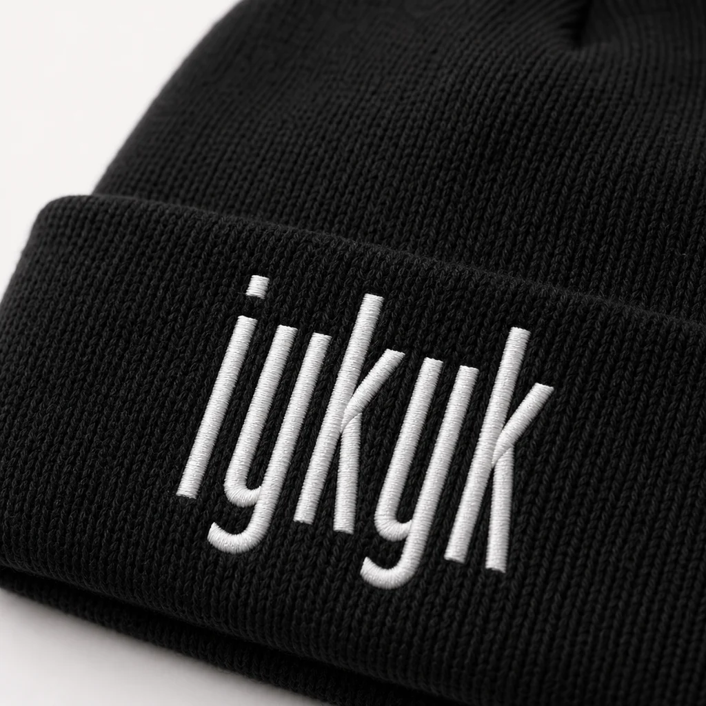iykyk beanie, embroidery close-up
