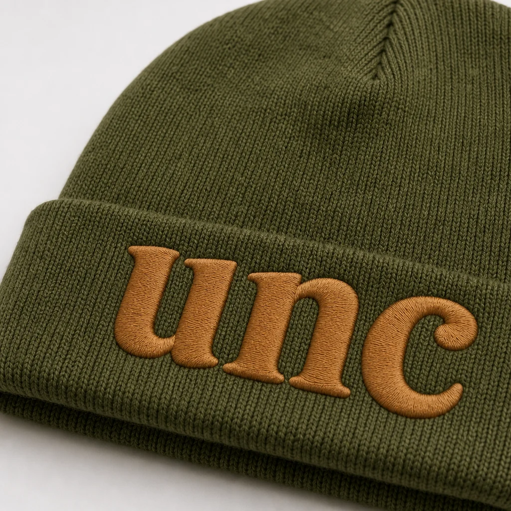 unc beanie, embroidery close-up