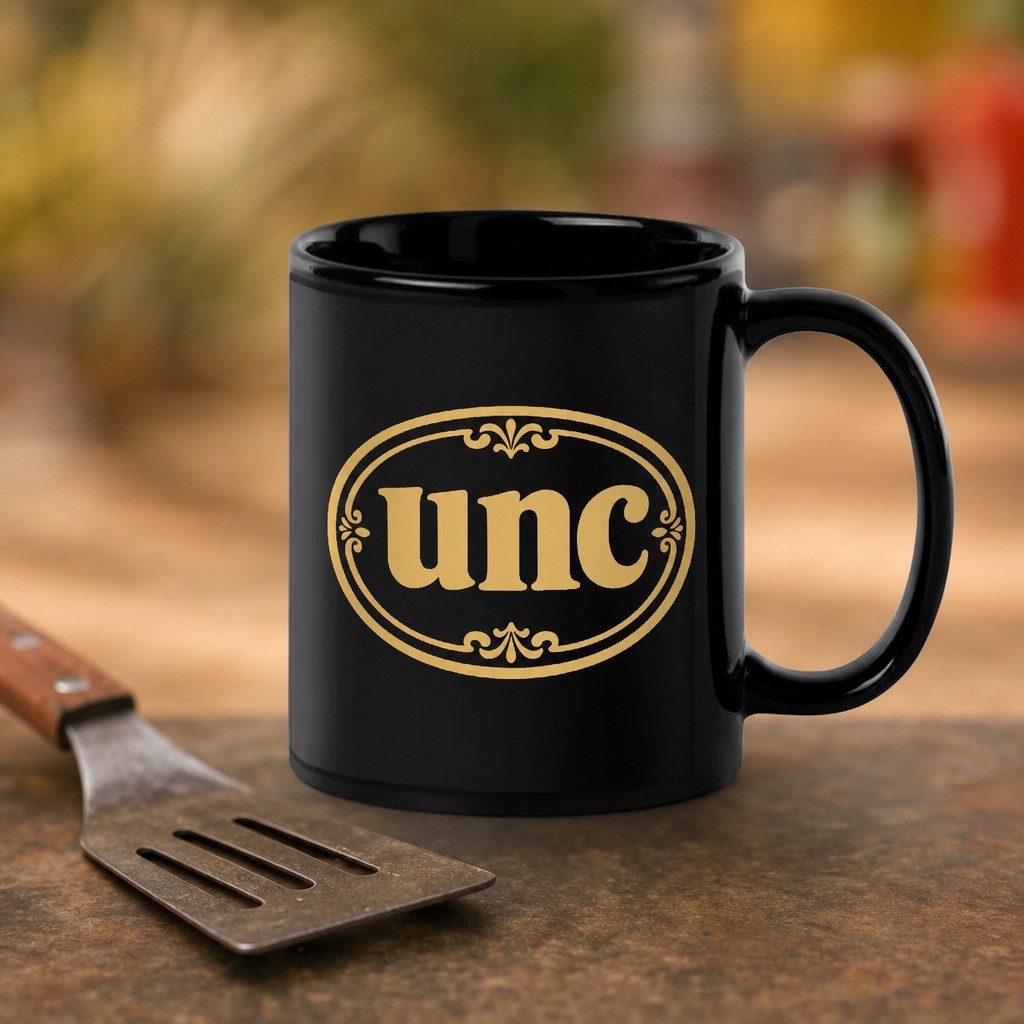 unc mug, on a table