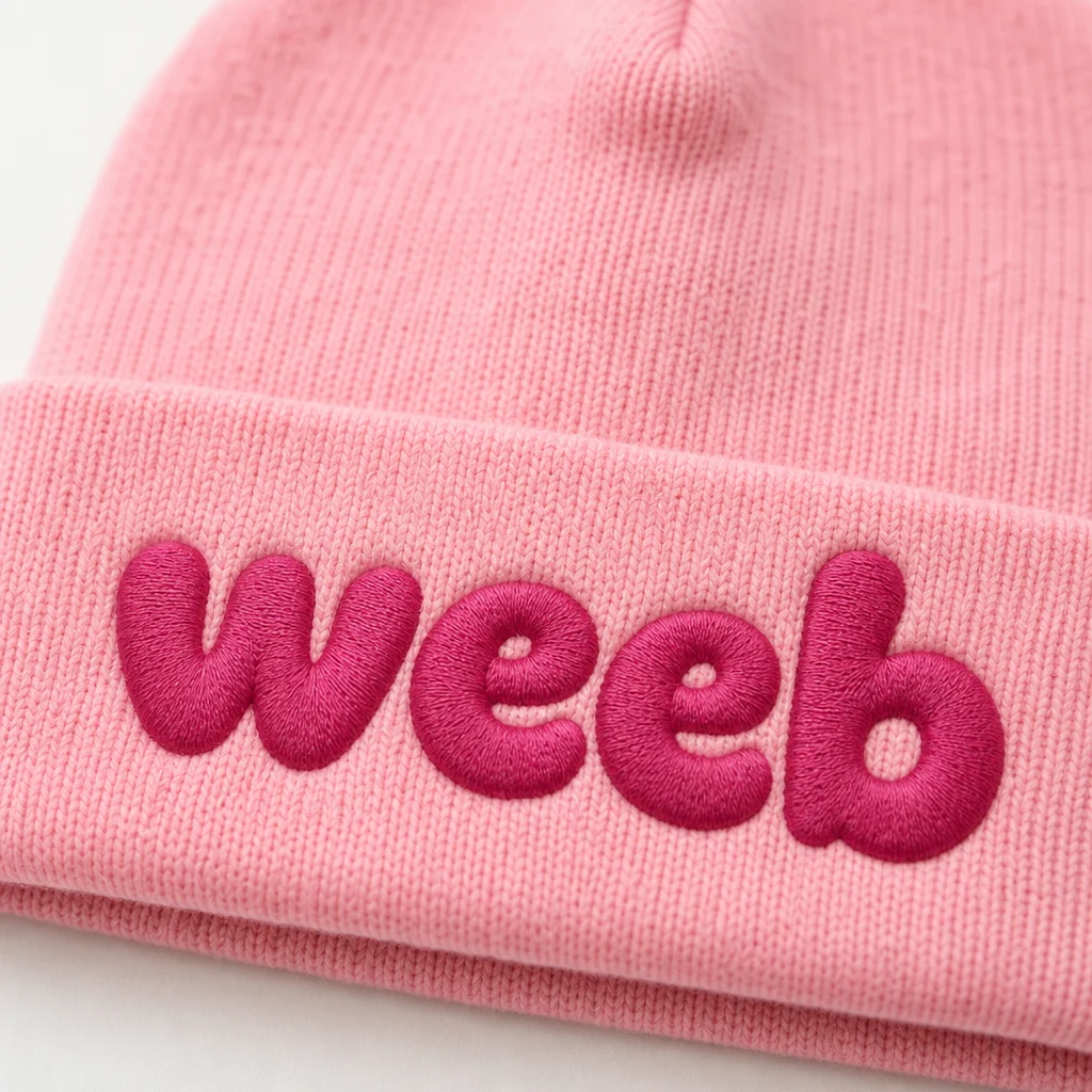 weeb beanie, embroidery close-up