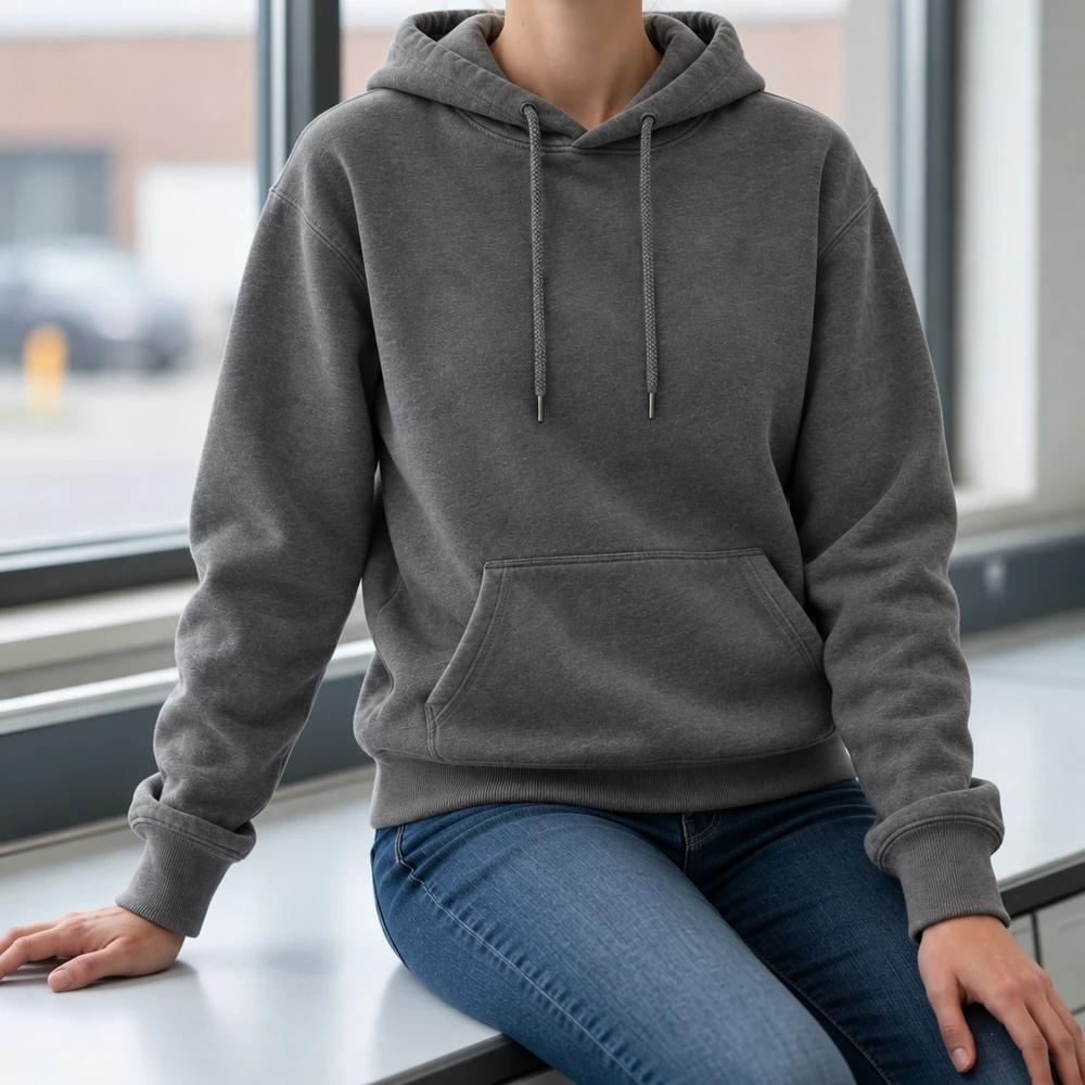 Blank hoodie charcoal on a model